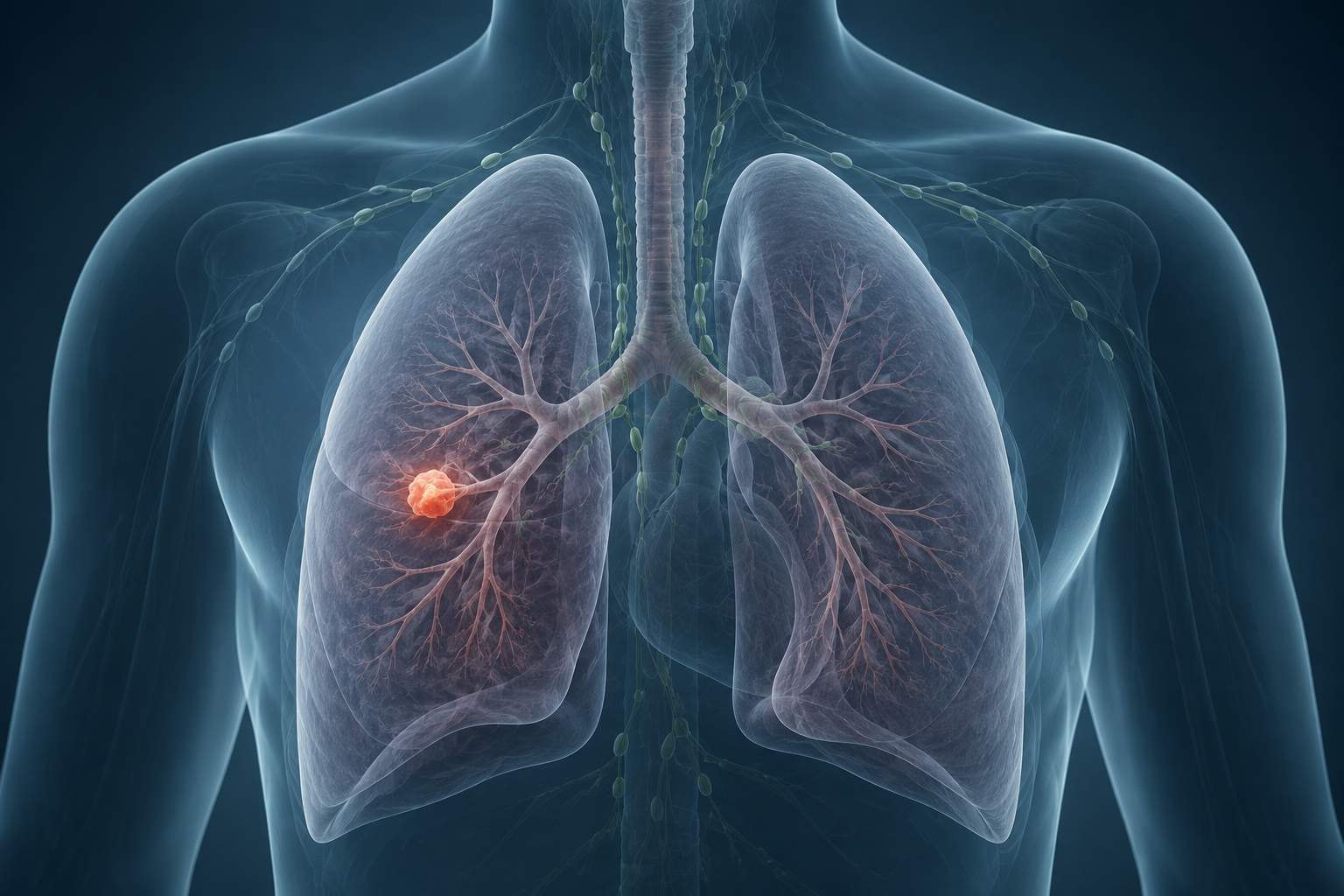 Ilustración médica representativa de un tumor pulmonar y su estadificación